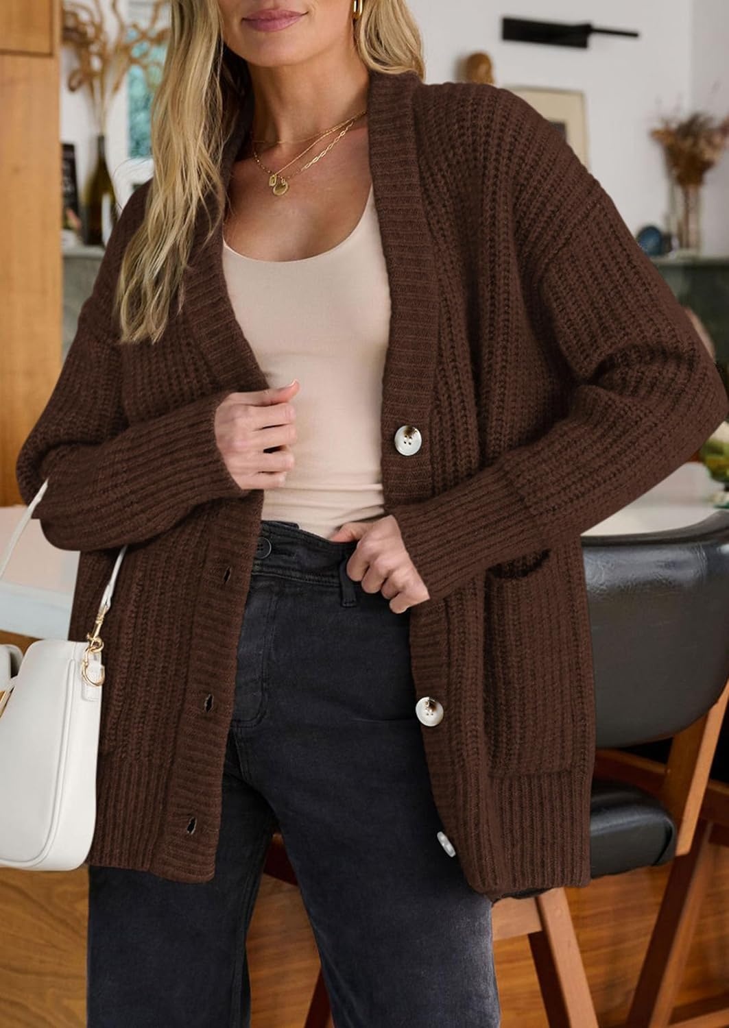 image:imagePRETTYGARDEN Oversized Cardigan Sweaters for Women Button UpBrown