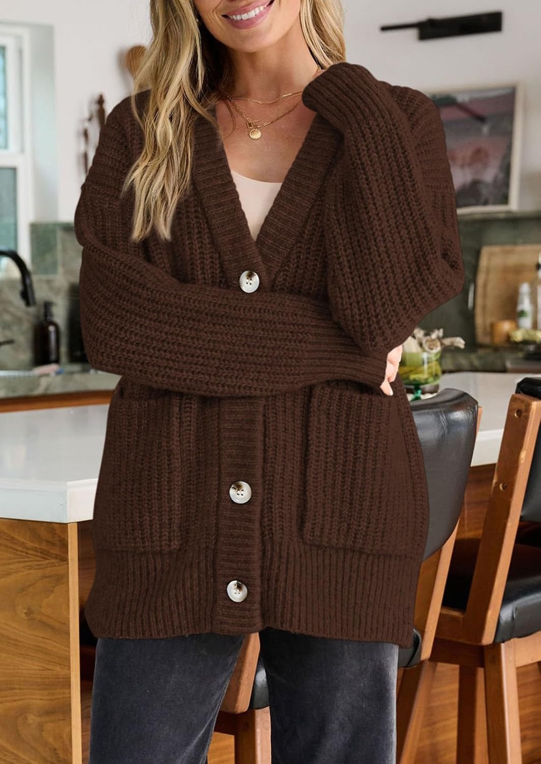 image:imagePRETTYGARDEN Oversized Cardigan Sweaters for Women Button UpBrown