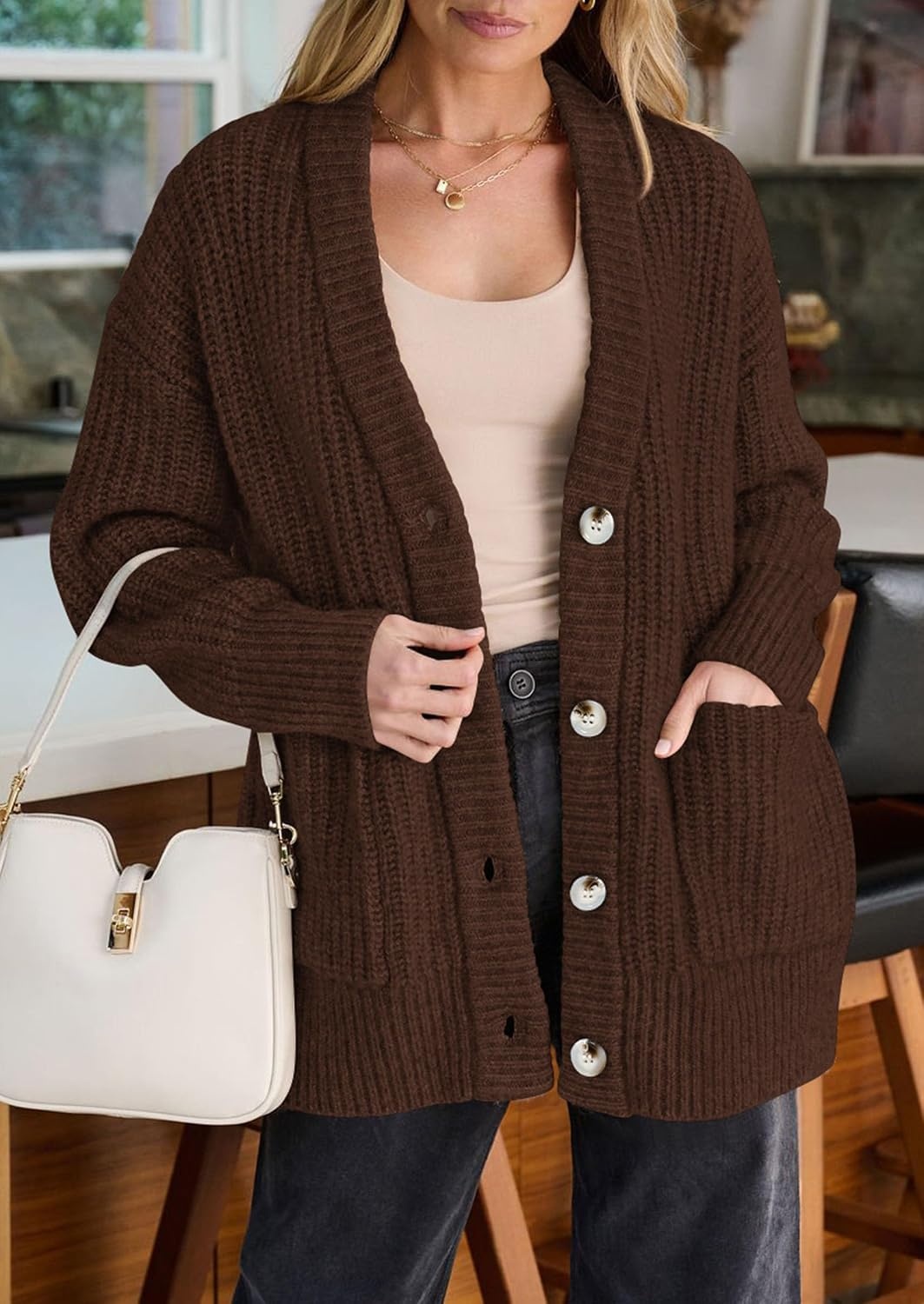 image:imagePRETTYGARDEN Oversized Cardigan Sweaters for Women Button UpBrown