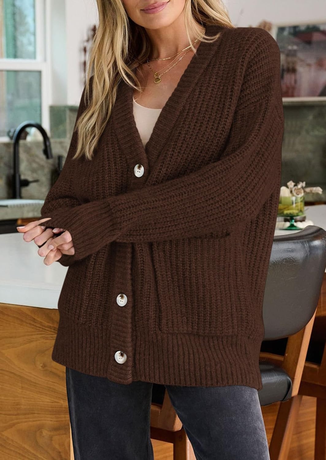 image:imagePRETTYGARDEN Oversized Cardigan Sweaters for Women Button UpBrown