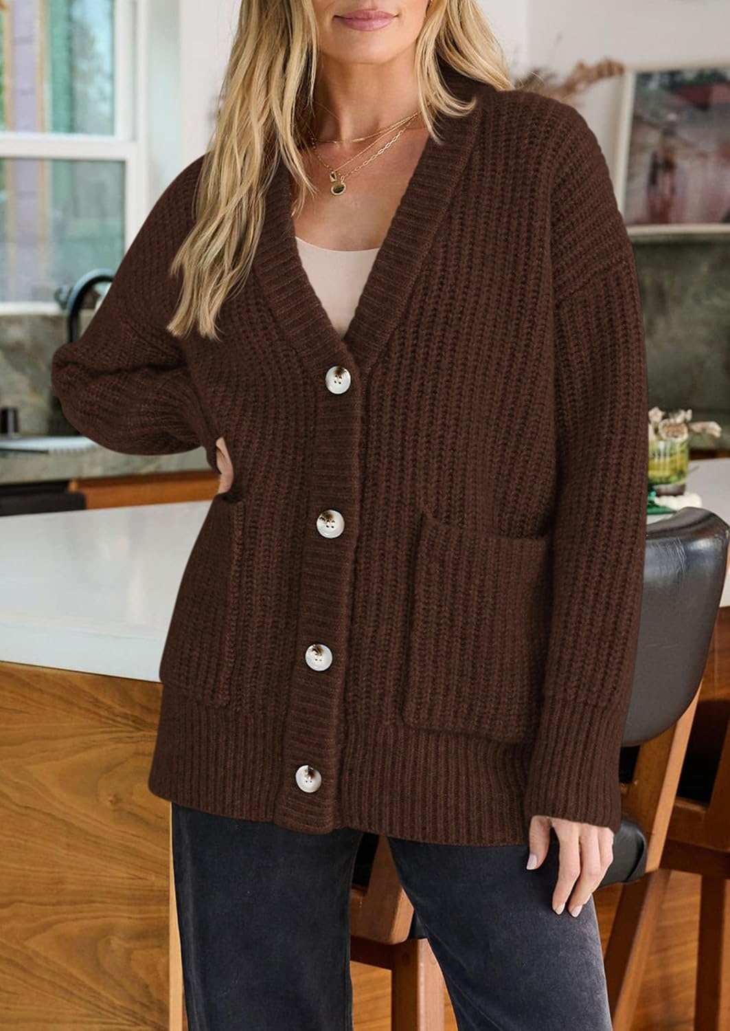 image:imagePRETTYGARDEN Oversized Cardigan Sweaters for Women Button UpBrown