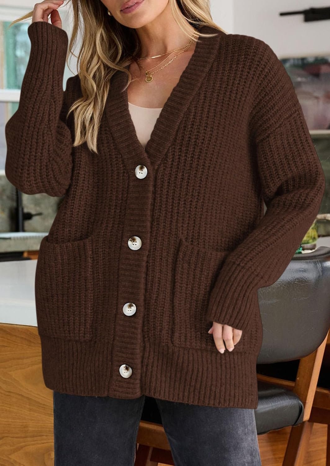 image:imagePRETTYGARDEN Oversized Cardigan Sweaters for Women Button UpBrown
