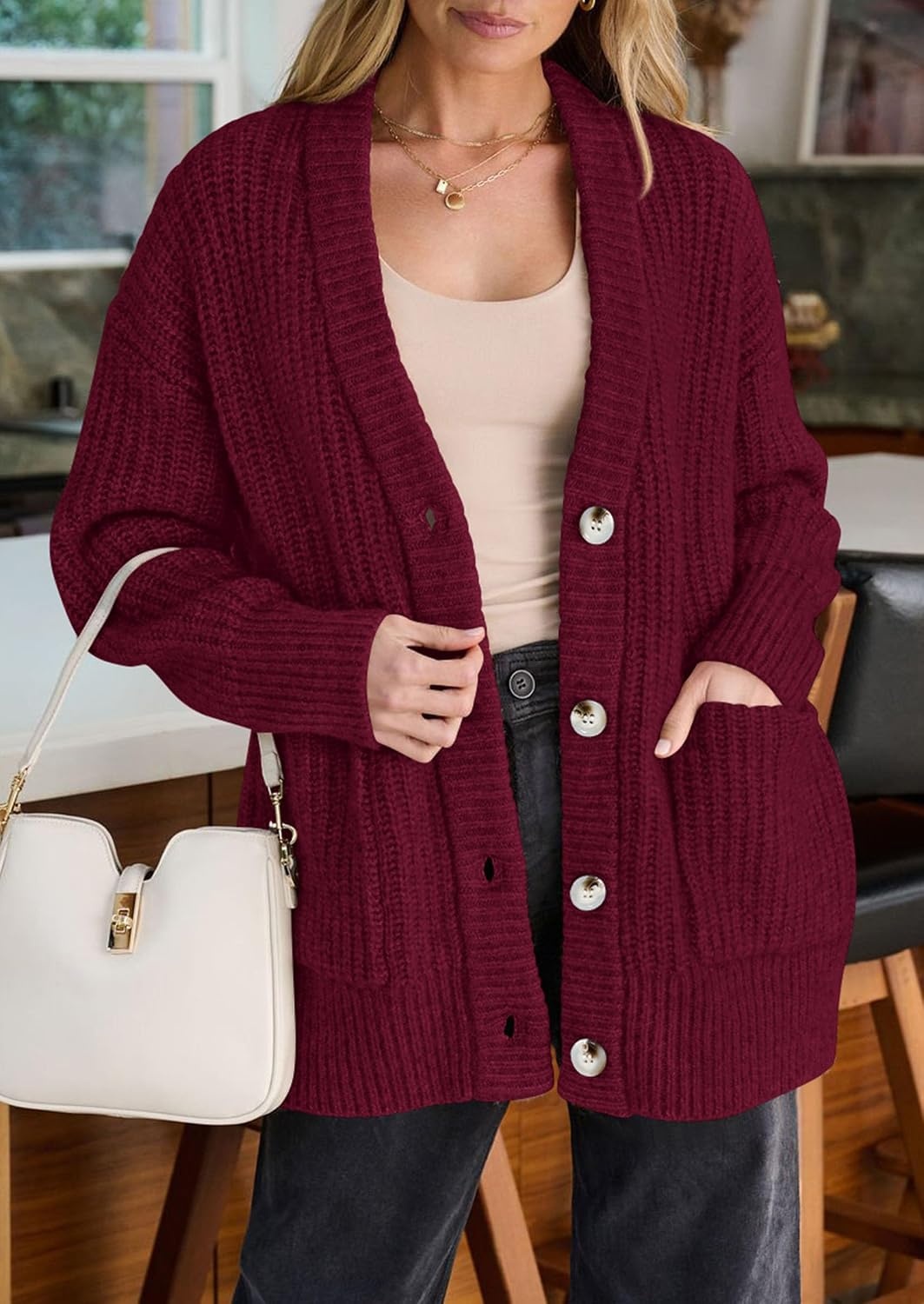 image:imagePRETTYGARDEN Oversized Cardigan Sweaters for Women Button UpBurgundy