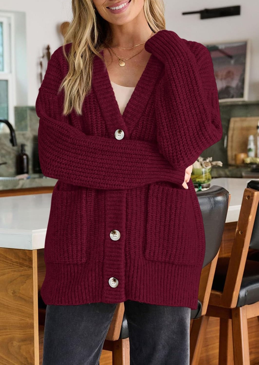 image:imagePRETTYGARDEN Oversized Cardigan Sweaters for Women Button UpBurgundy