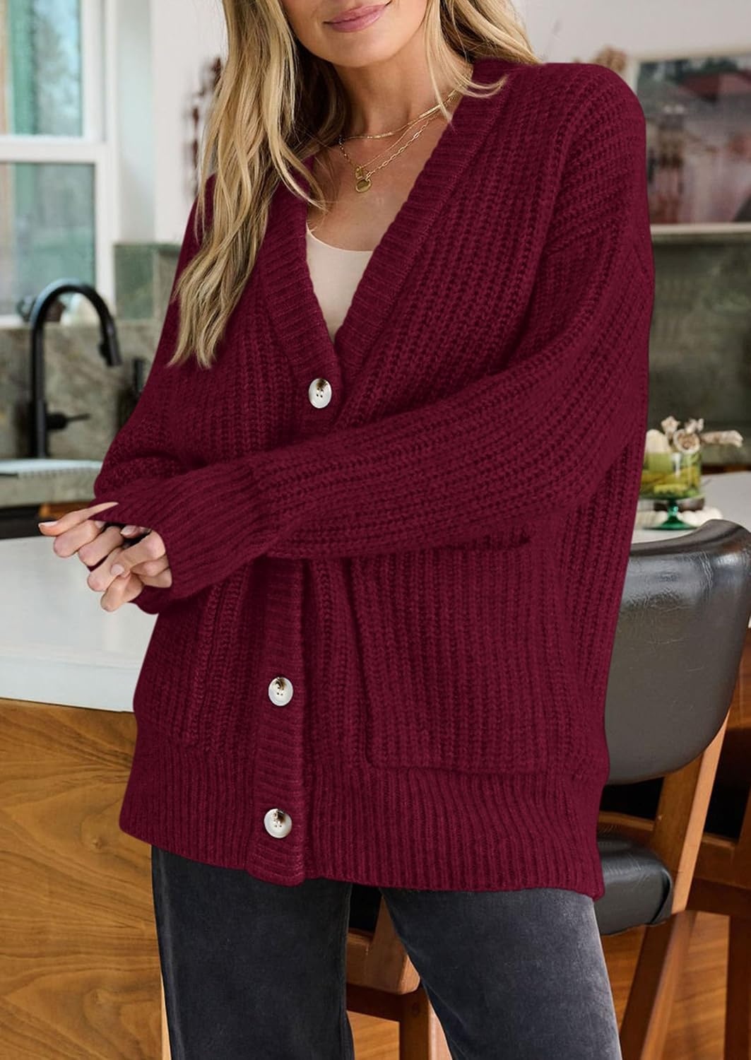 image:imagePRETTYGARDEN Oversized Cardigan Sweaters for Women Button UpBurgundy