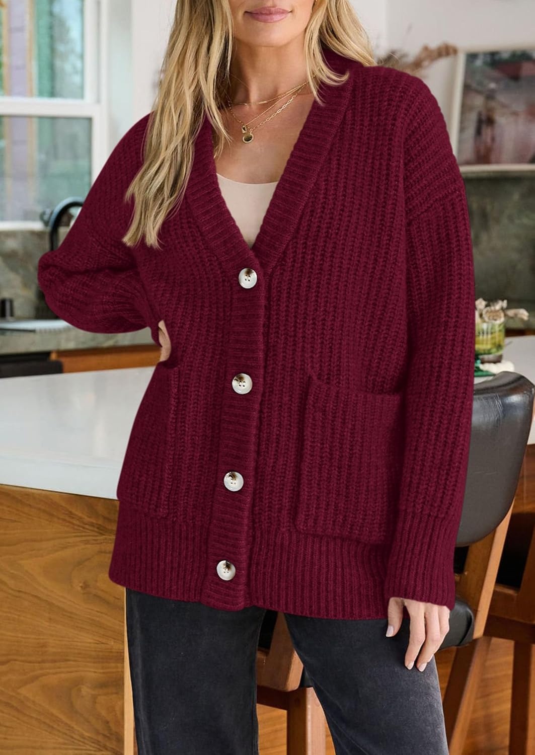 image:imagePRETTYGARDEN Oversized Cardigan Sweaters for Women Button UpBurgundy