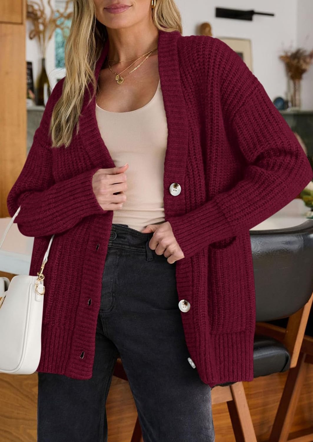 image:imagePRETTYGARDEN Oversized Cardigan Sweaters for Women Button UpBurgundy