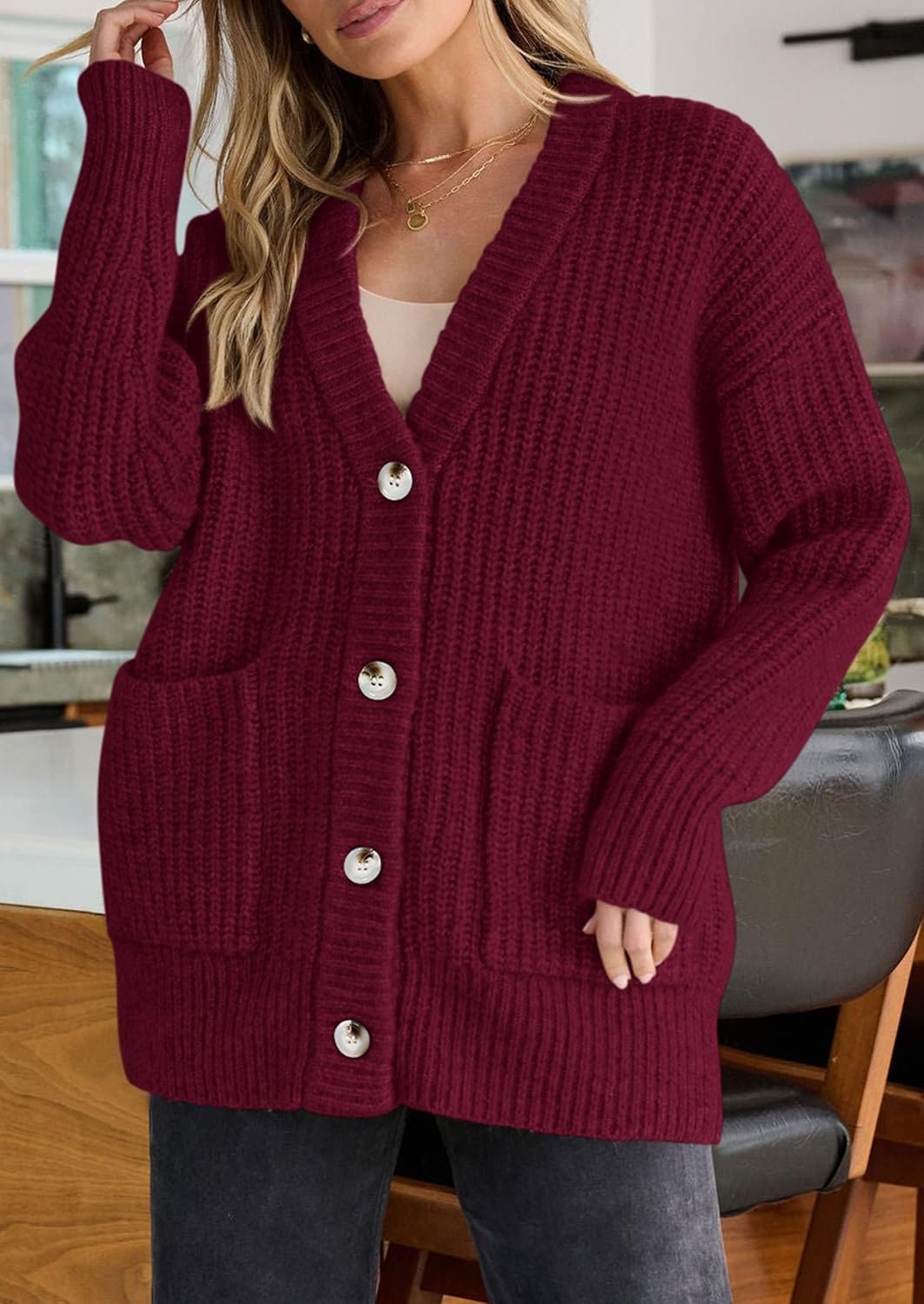 image:imagePRETTYGARDEN Oversized Cardigan Sweaters for Women Button UpBurgundy