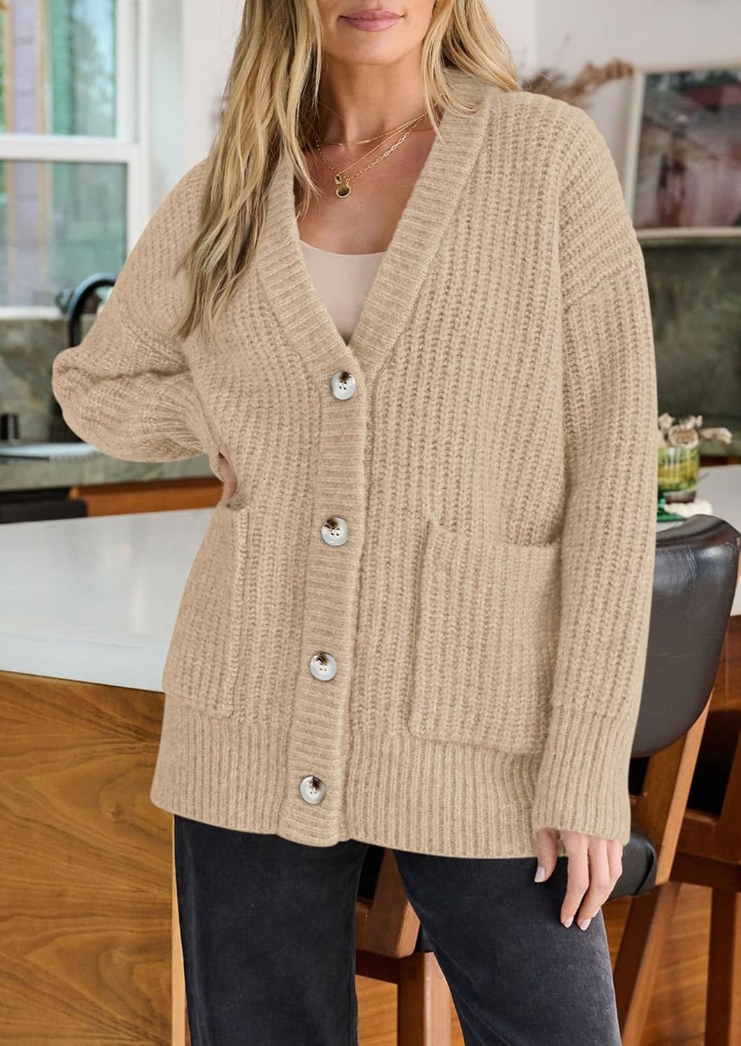 image:imagePRETTYGARDEN Oversized Cardigan Sweaters for Women Button UpKhaki