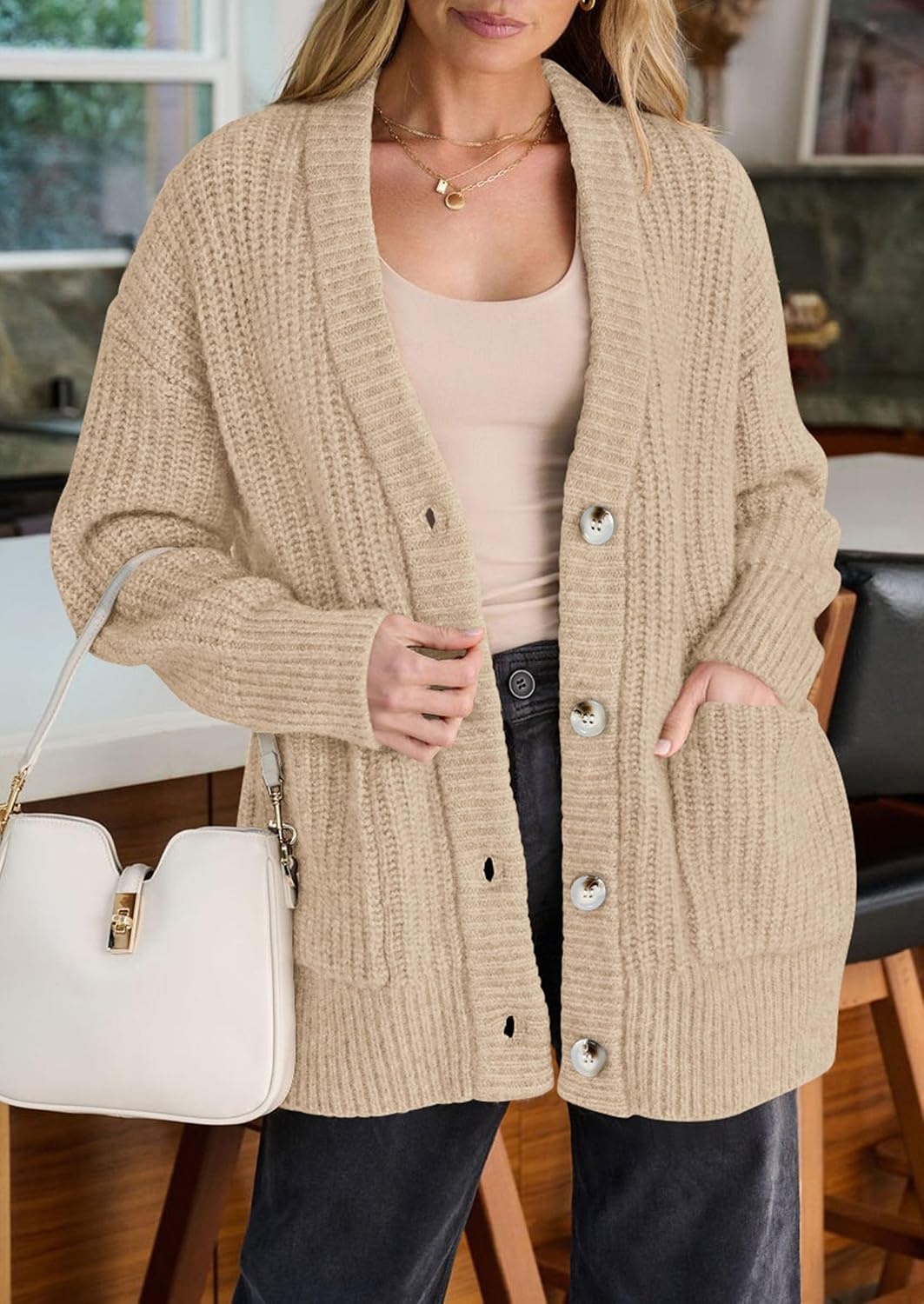 image:imagePRETTYGARDEN Oversized Cardigan Sweaters for Women Button UpKhaki