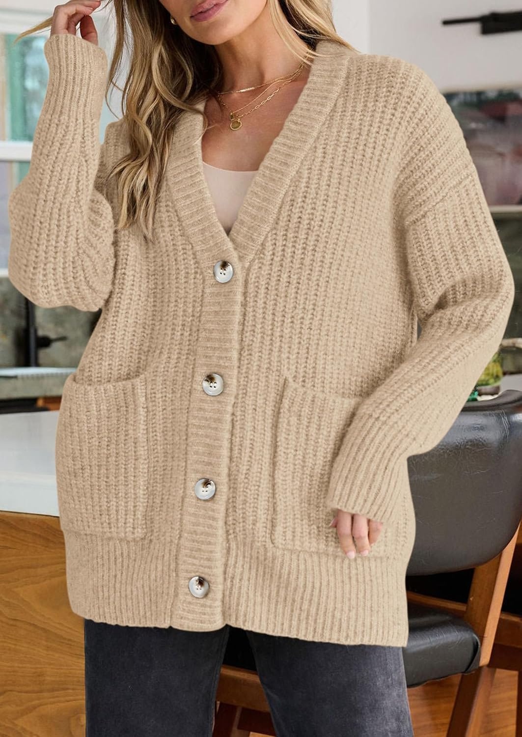 image:imagePRETTYGARDEN Oversized Cardigan Sweaters for Women Button UpKhaki