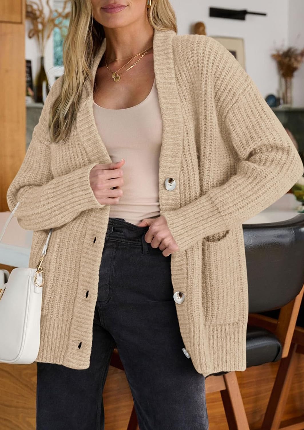 image:imagePRETTYGARDEN Oversized Cardigan Sweaters for Women Button UpKhaki