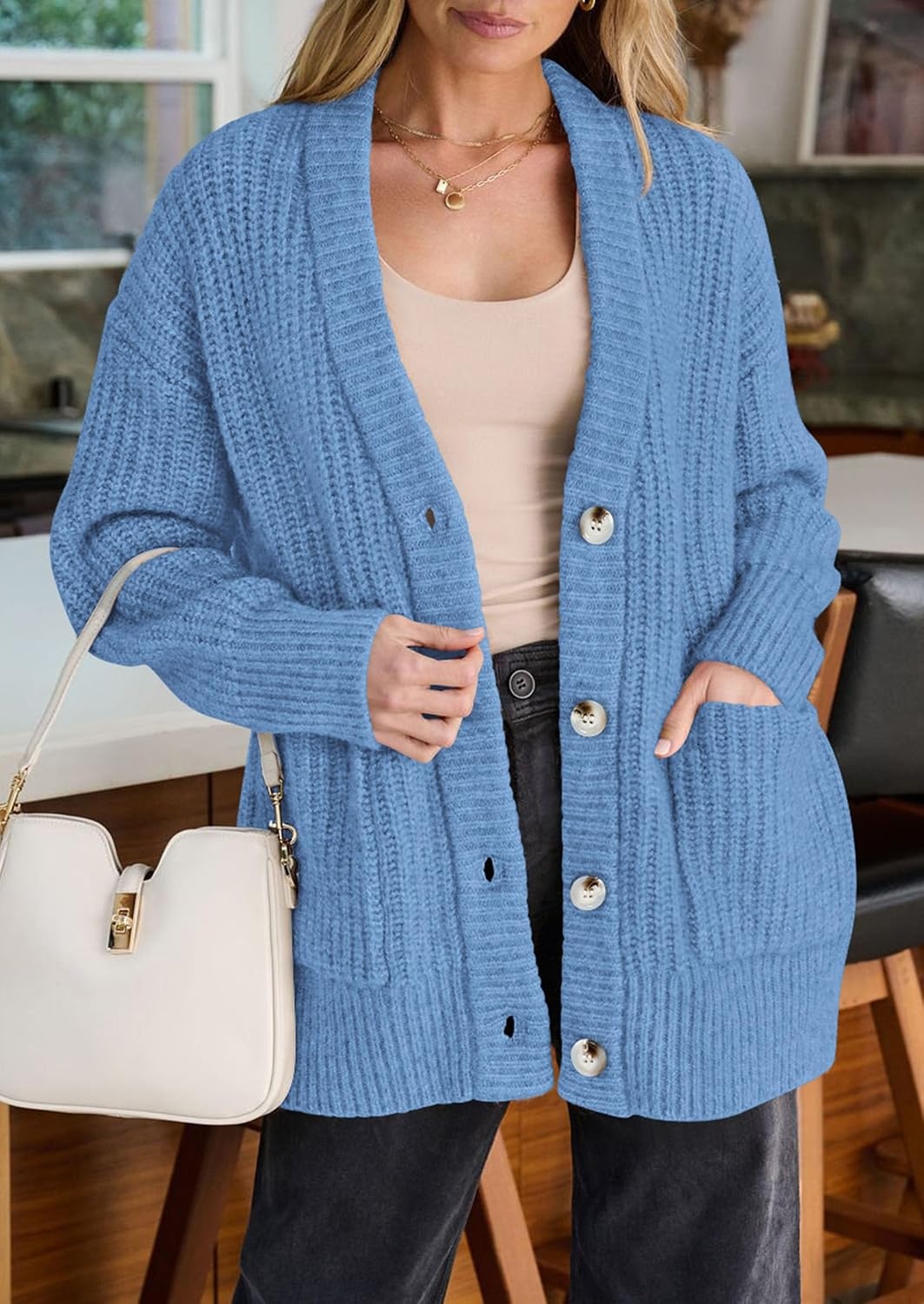 image:imagePRETTYGARDEN Oversized Cardigan Sweaters for Women Button UpLight Blue