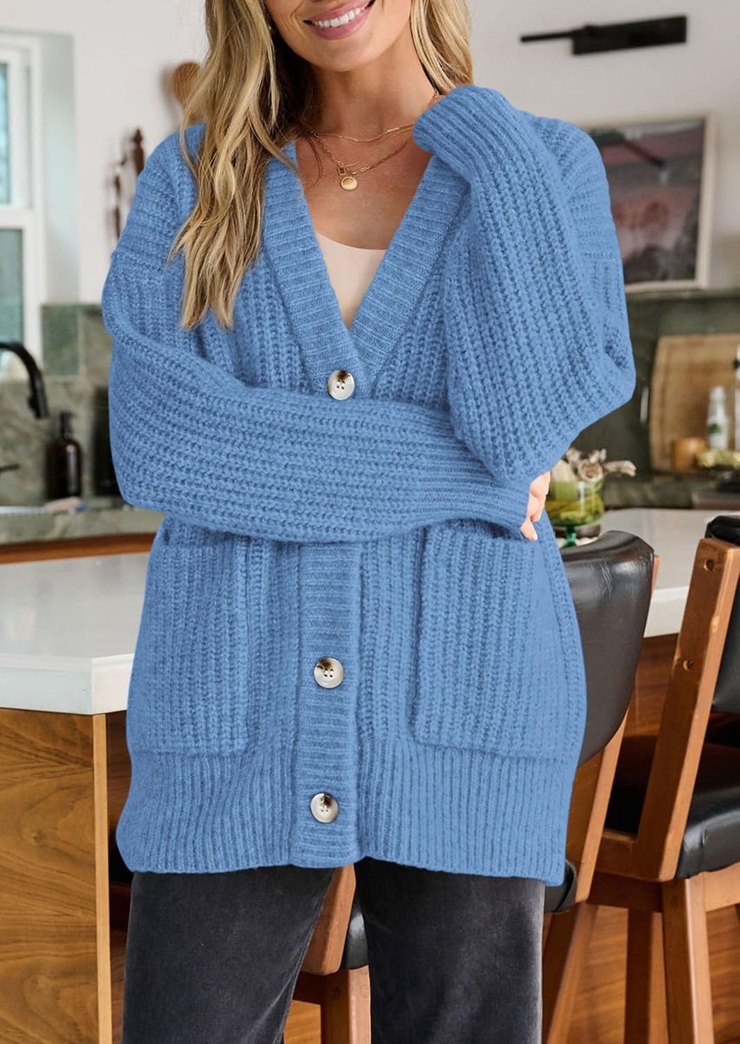image:imagePRETTYGARDEN Oversized Cardigan Sweaters for Women Button UpLight Blue