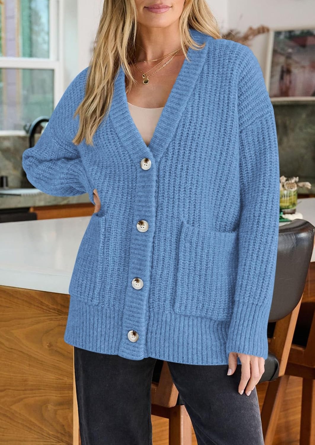 image:imagePRETTYGARDEN Oversized Cardigan Sweaters for Women Button UpLight Blue