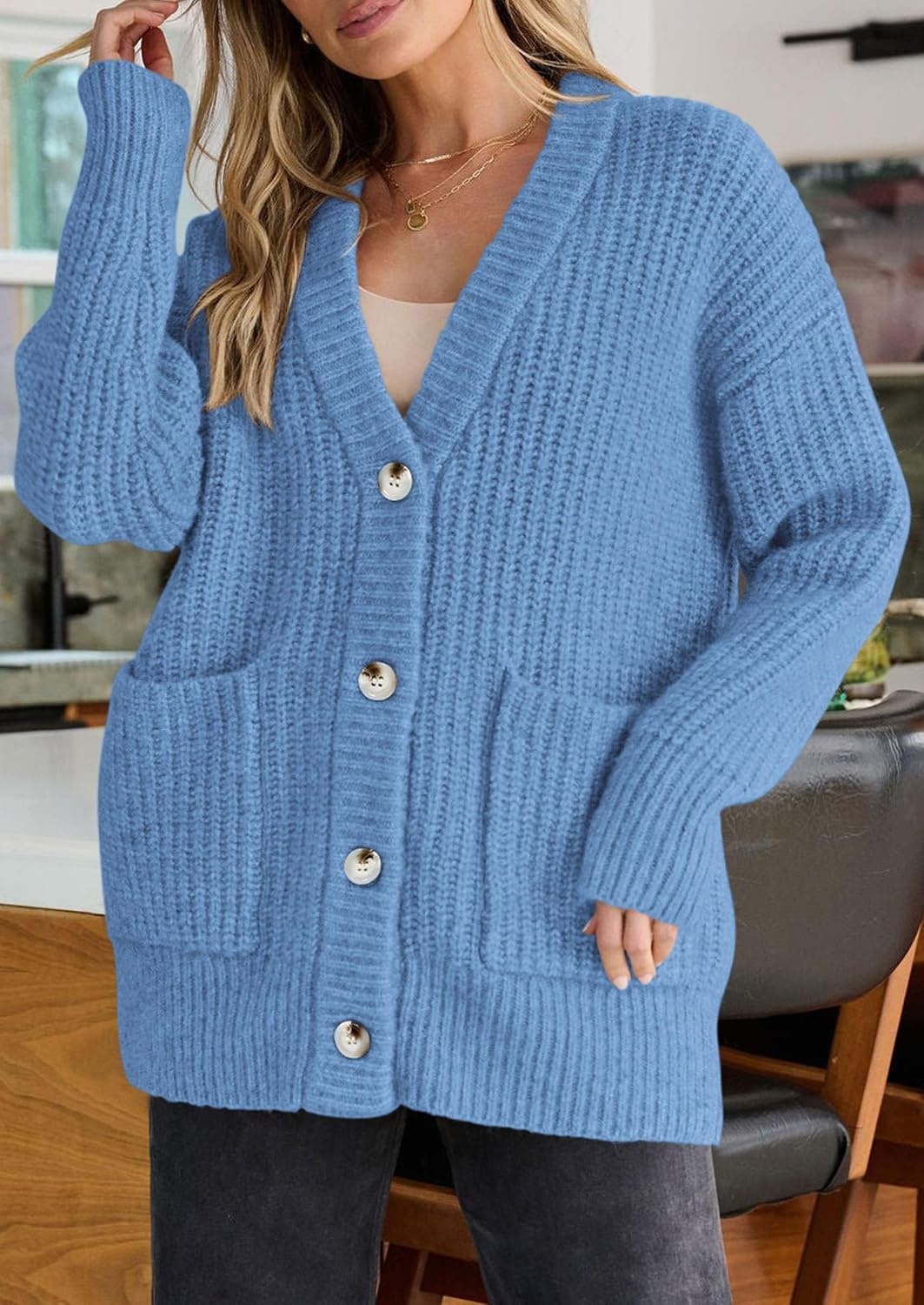 image:imagePRETTYGARDEN Oversized Cardigan Sweaters for Women Button UpLight Blue