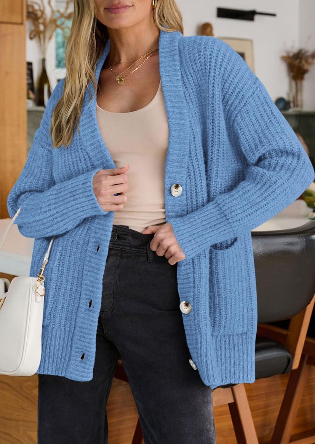 image:imagePRETTYGARDEN Oversized Cardigan Sweaters for Women Button UpLight Blue