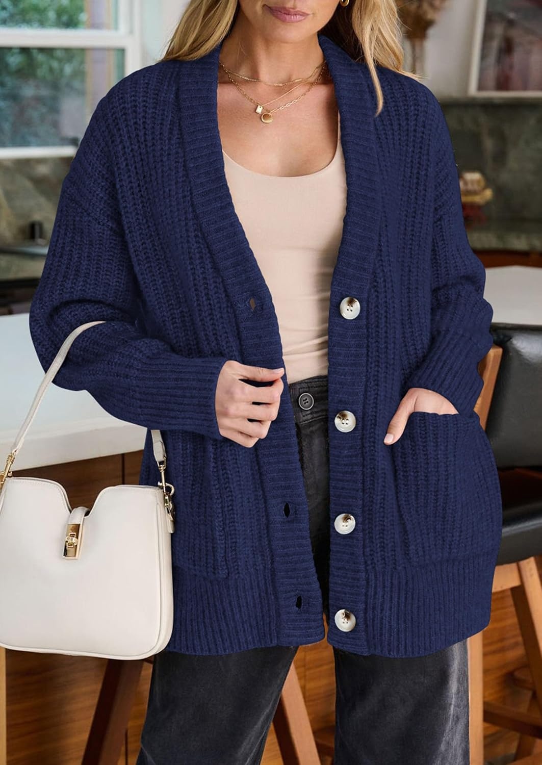 image:imagePRETTYGARDEN Oversized Cardigan Sweaters for Women Button UpNavy Blue