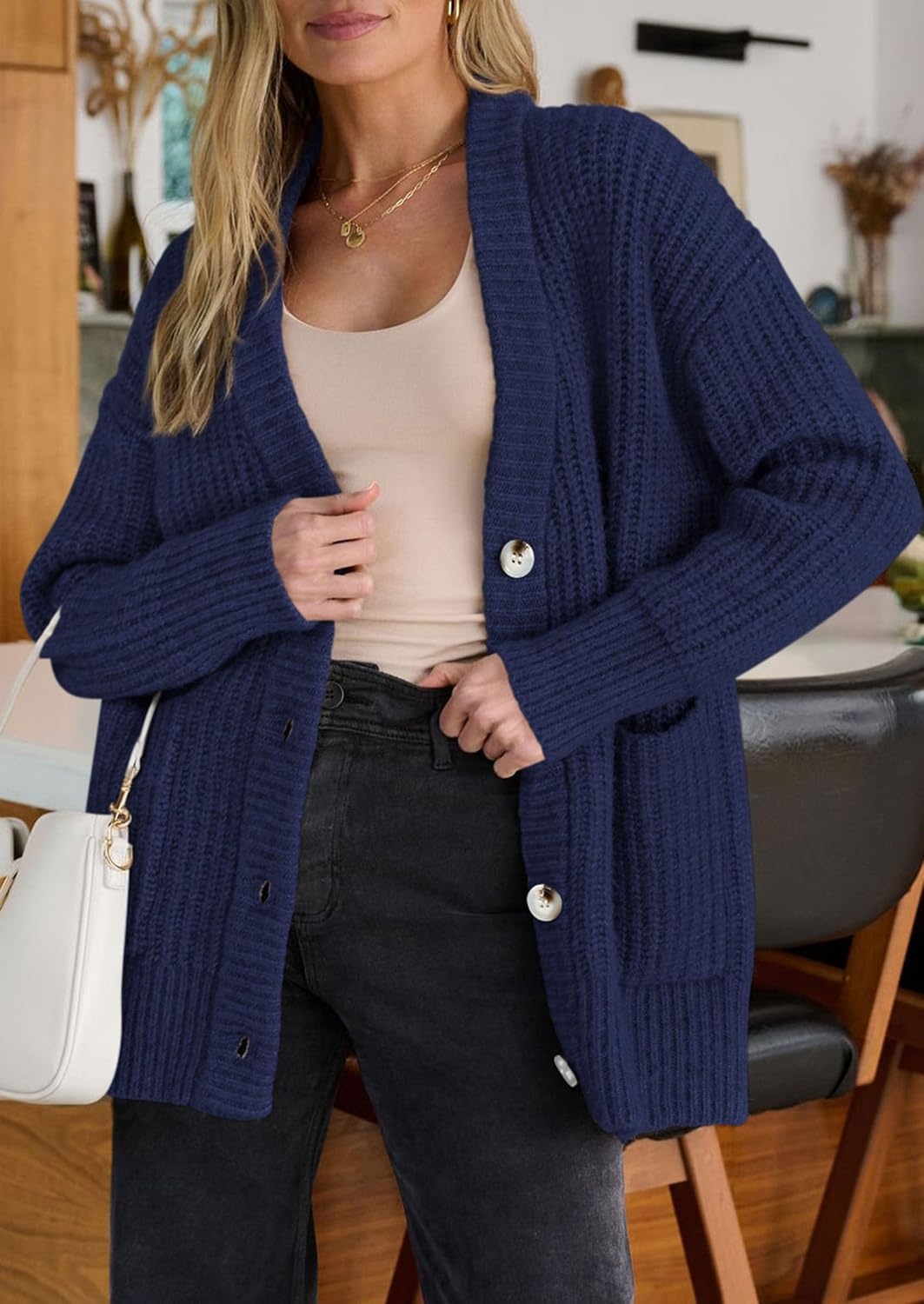 image:imagePRETTYGARDEN Oversized Cardigan Sweaters for Women Button UpNavy Blue