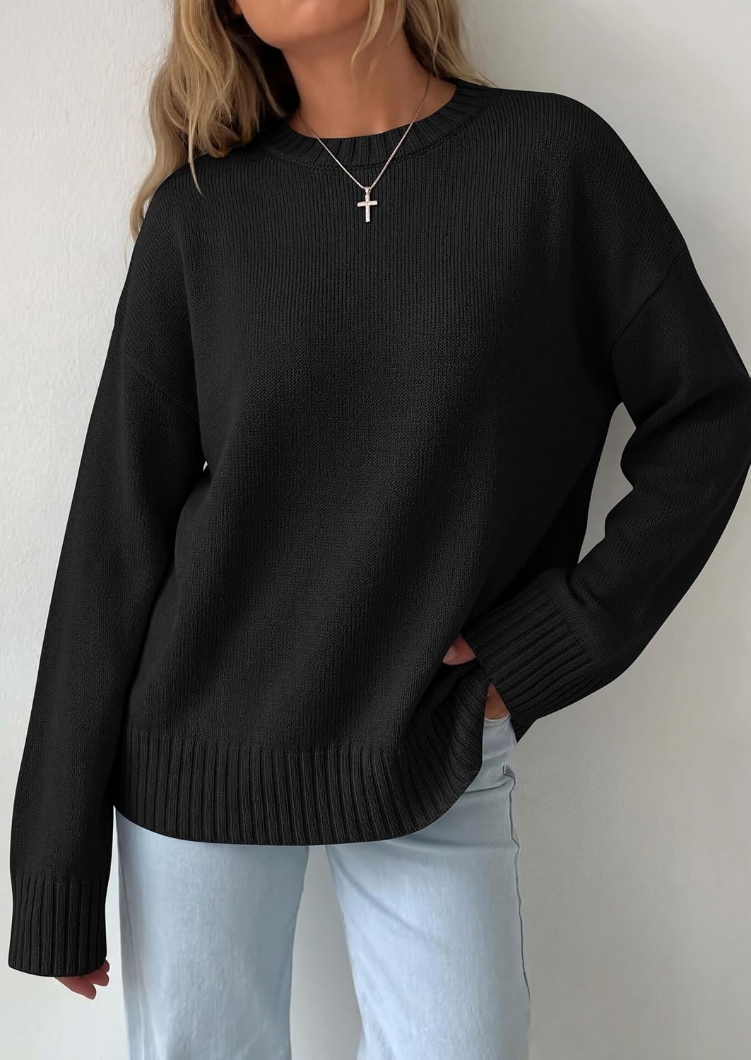image:imagePRETTYGARDEN Oversized Sweater Womens Ribbed Knit TopBlack