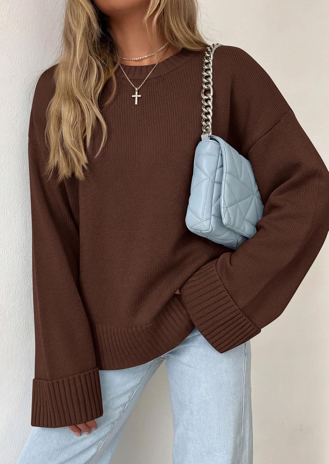 image:imagePRETTYGARDEN Oversized Sweater Womens Ribbed Knit TopBrown