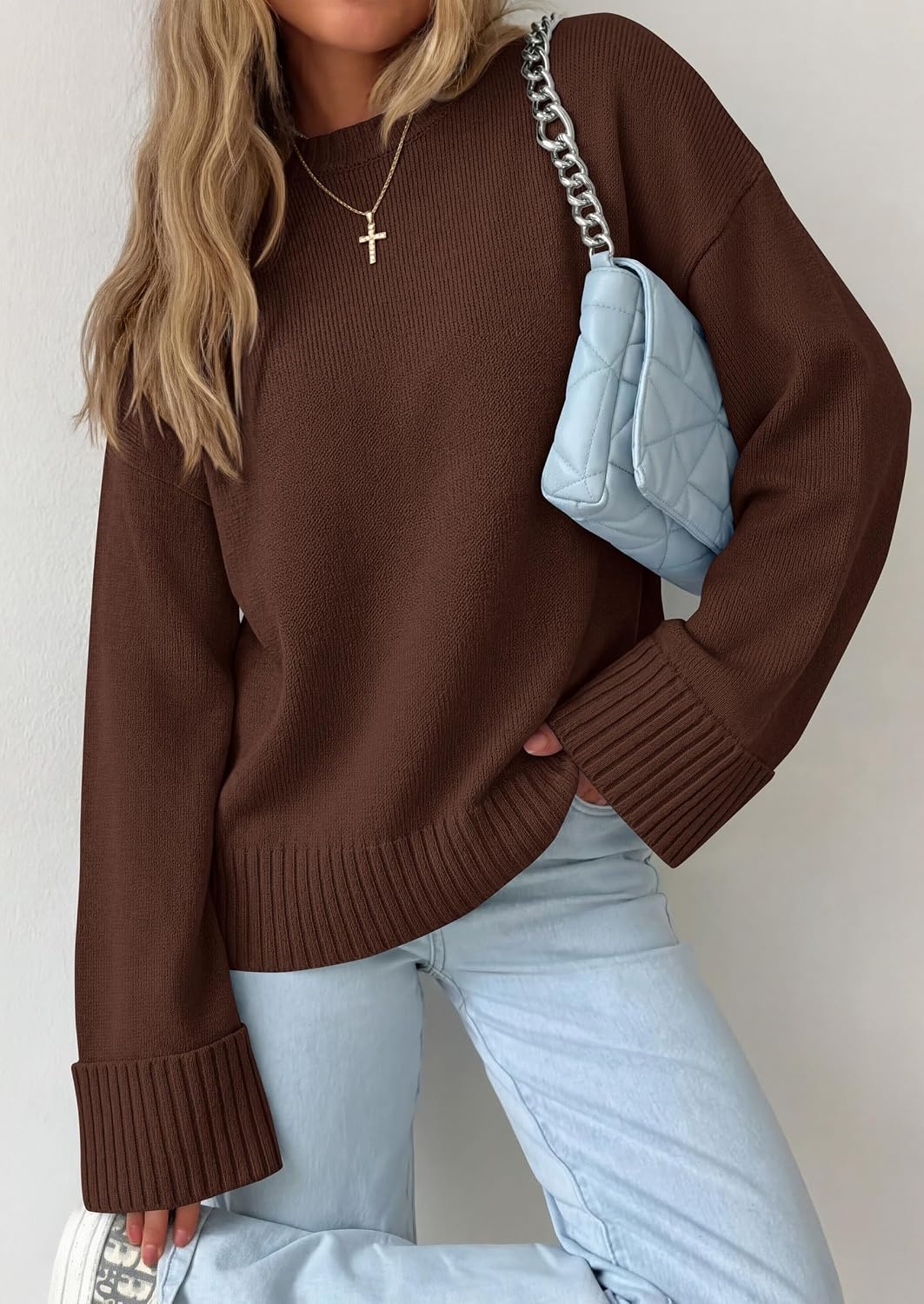 image:imagePRETTYGARDEN Oversized Sweater Womens Ribbed Knit TopBrown
