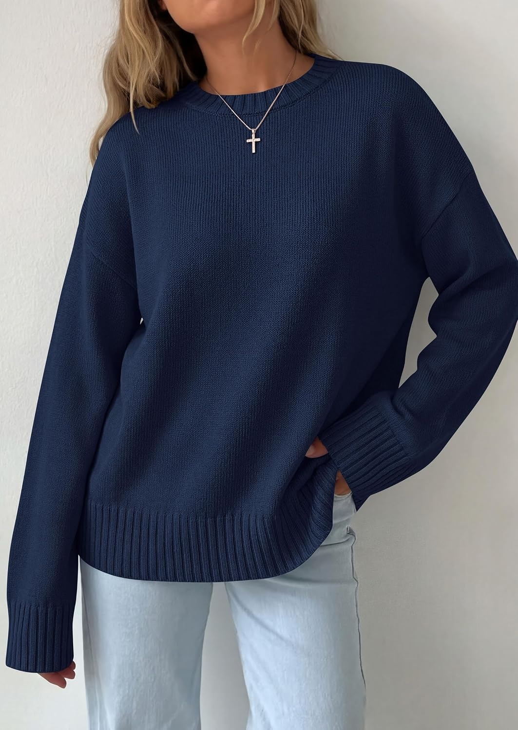 image:imagePRETTYGARDEN Oversized Sweater Womens Ribbed Knit TopNavy Blue
