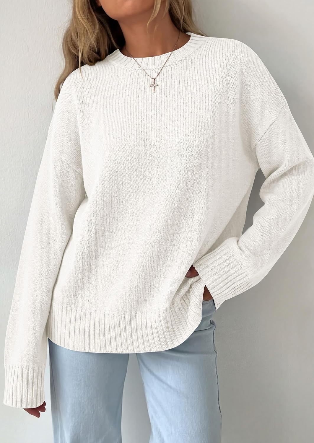 image:imagePRETTYGARDEN Oversized Sweater Womens Ribbed Knit TopWhite