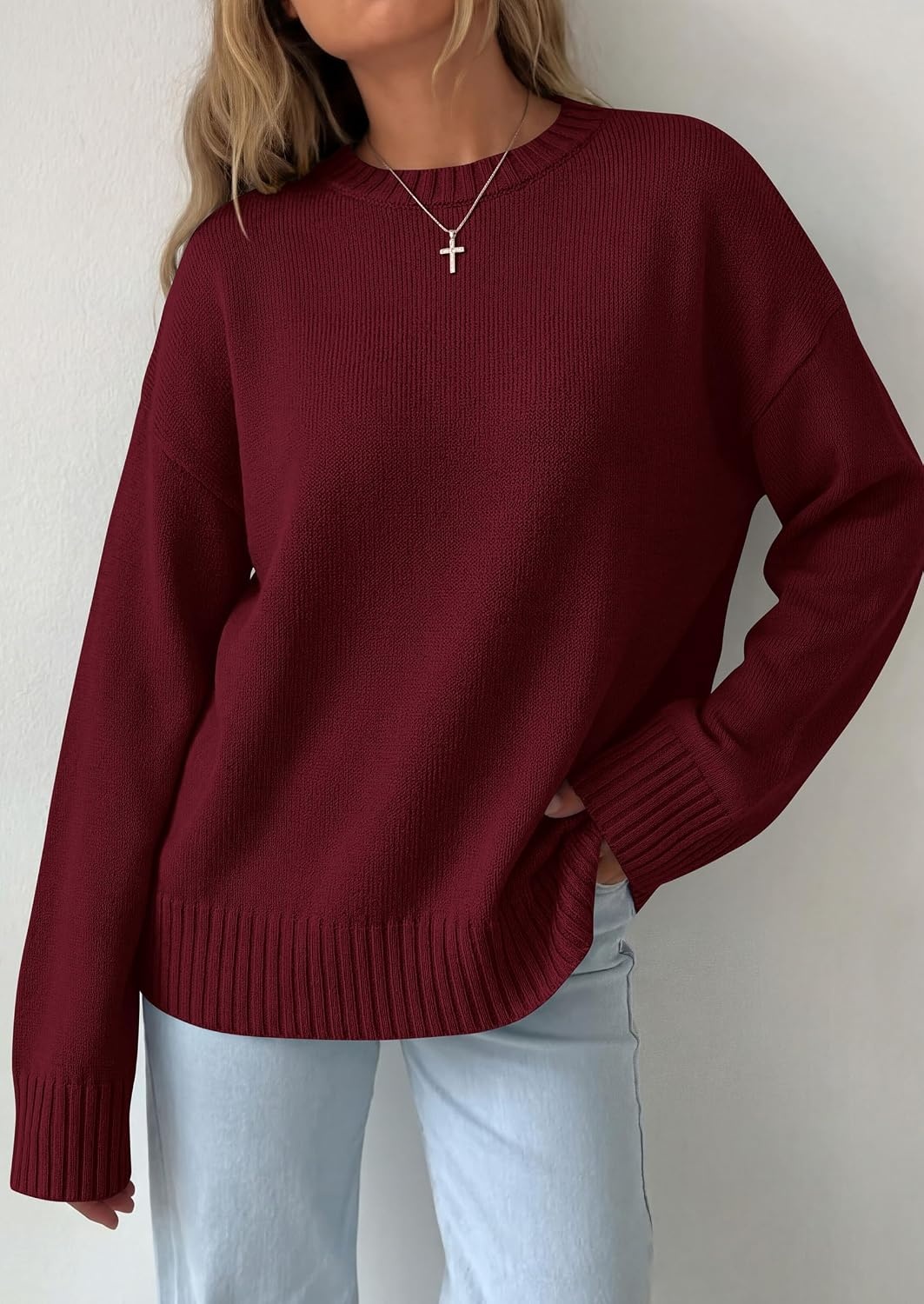 image:imagePRETTYGARDEN Oversized Sweater Womens Ribbed Knit TopWine Red