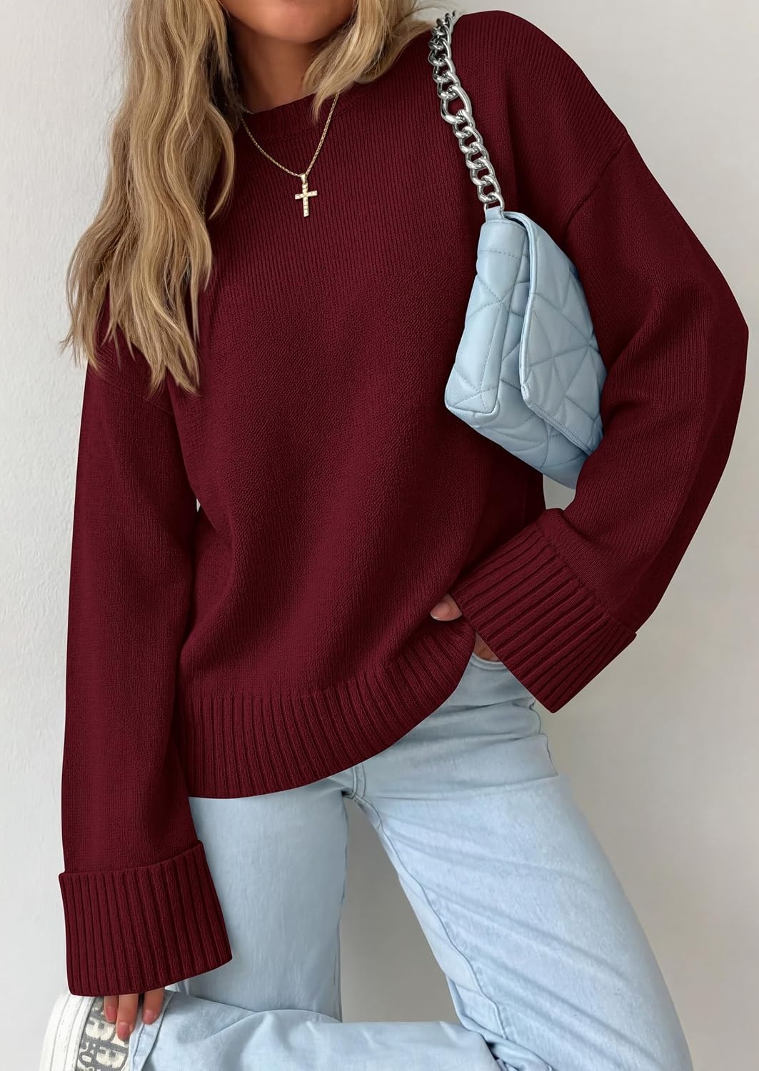 image:imagePRETTYGARDEN Oversized Sweater Womens Ribbed Knit TopWine Red