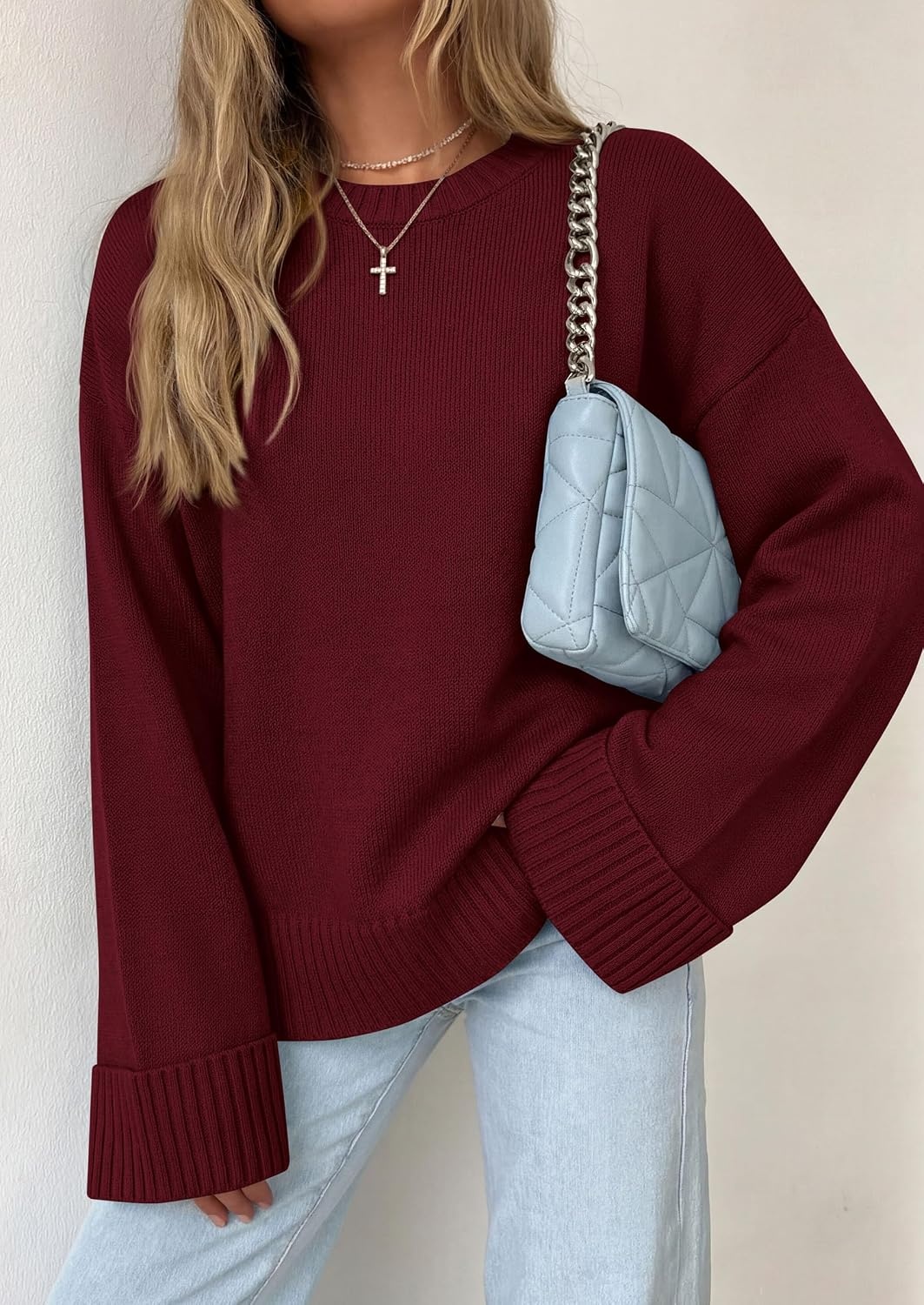 image:imagePRETTYGARDEN Oversized Sweater Womens Ribbed Knit TopWine Red