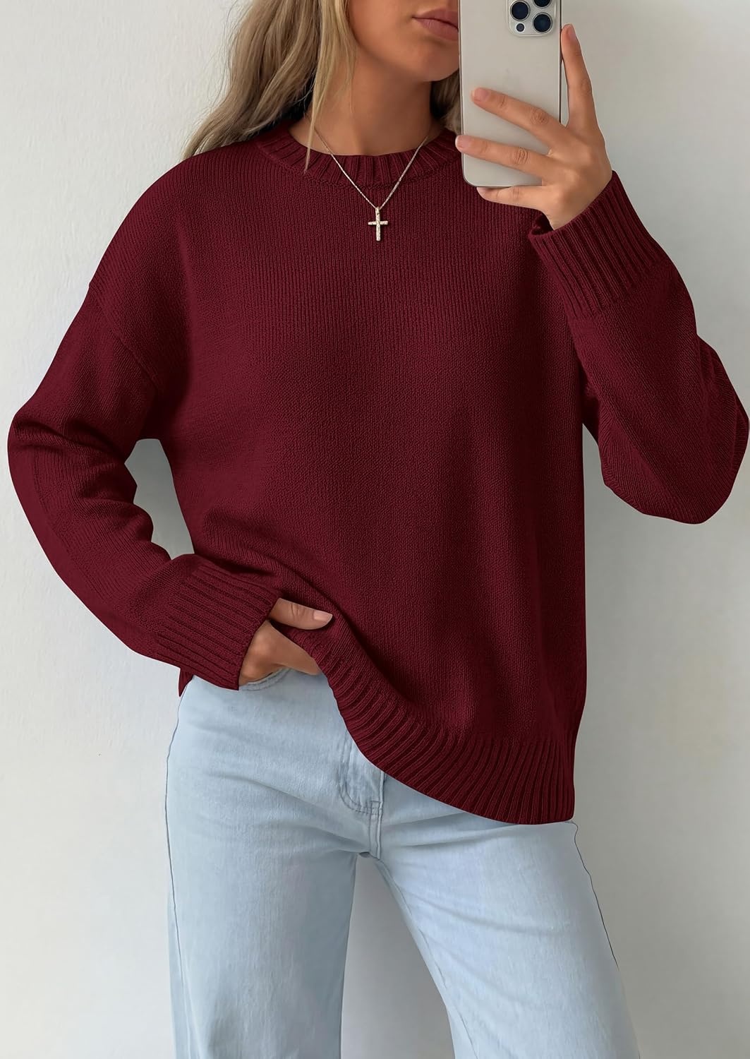 image:imagePRETTYGARDEN Oversized Sweater Womens Ribbed Knit TopWine Red