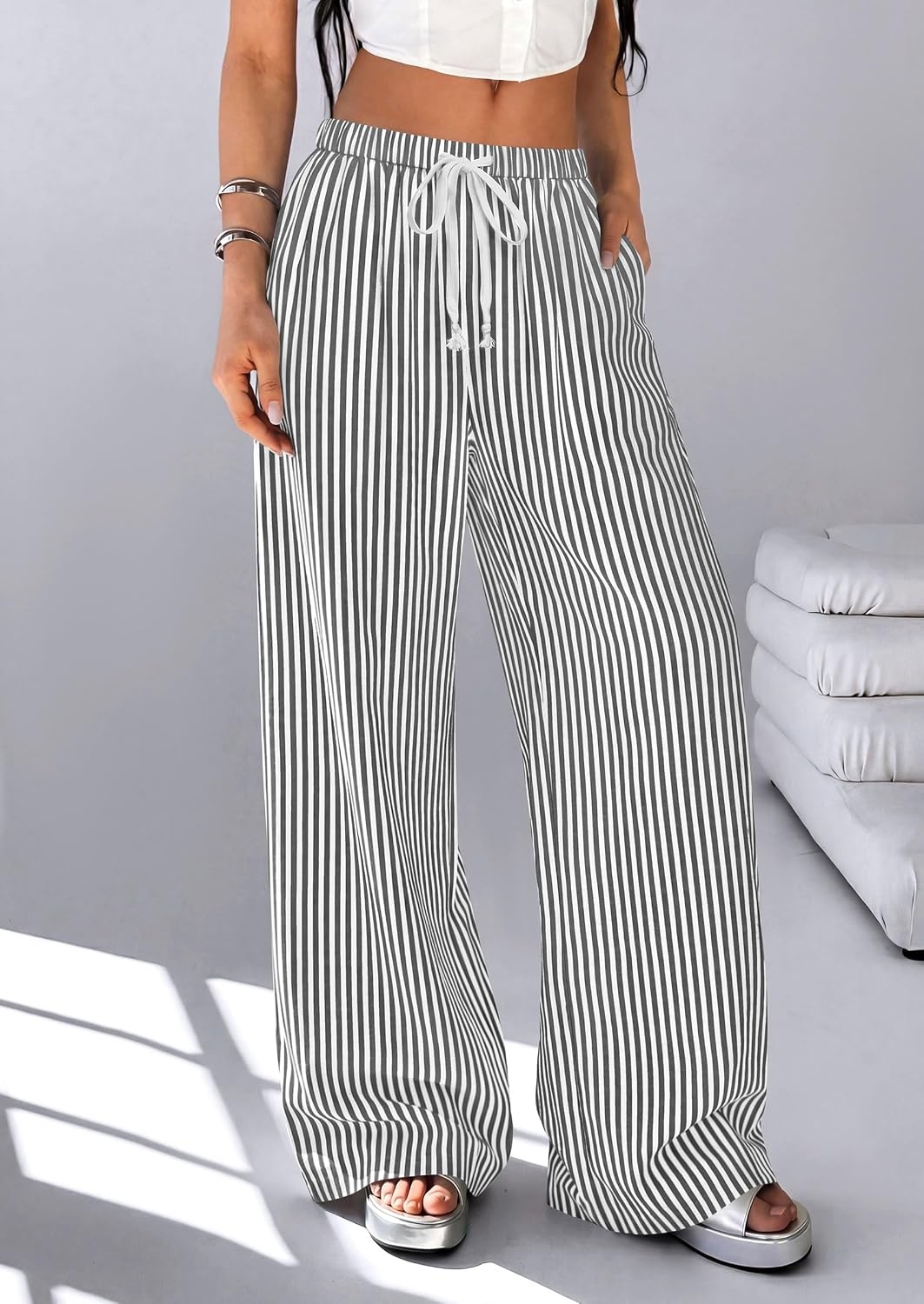 image:imagePRETTYGARDEN Striped Wide Leg Pants Women Loungewear with PocketStriped Black White