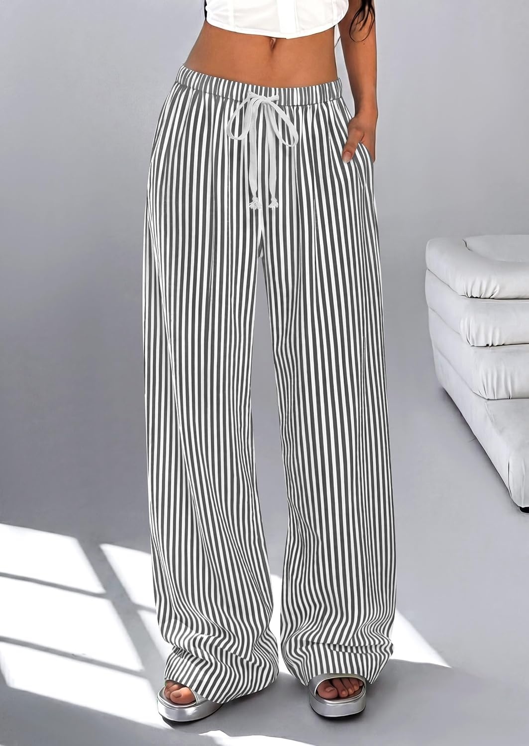 image:imagePRETTYGARDEN Striped Wide Leg Pants Women Loungewear with PocketStriped Black White