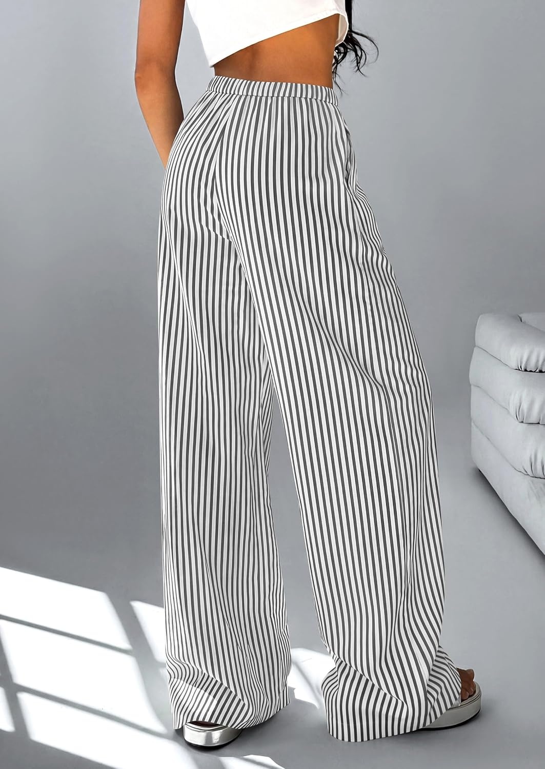 image:imagePRETTYGARDEN Striped Wide Leg Pants Women Loungewear with PocketStriped Black White
