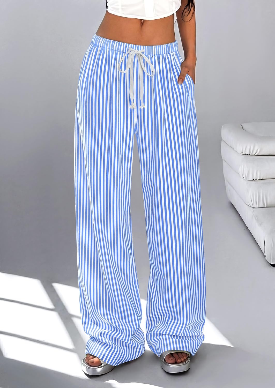 image:imagePRETTYGARDEN Striped Wide Leg Pants Women Loungewear with PocketStriped Blue White