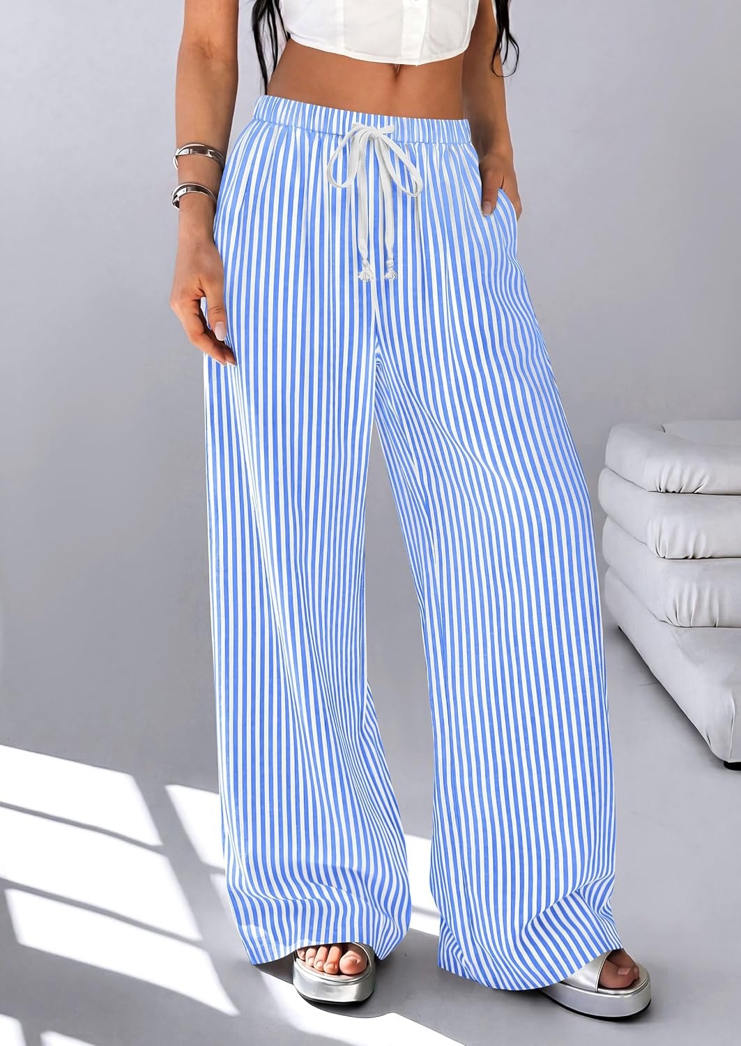image:imagePRETTYGARDEN Striped Wide Leg Pants Women Loungewear with PocketStriped Blue White