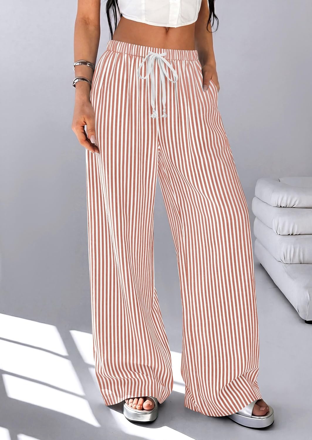 image:imagePRETTYGARDEN Striped Wide Leg Pants Women Loungewear with PocketStriped Brown White