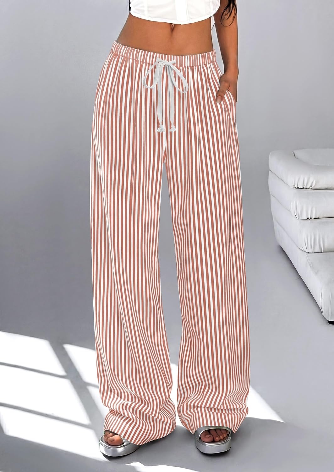 image:imagePRETTYGARDEN Striped Wide Leg Pants Women Loungewear with PocketStriped Brown White