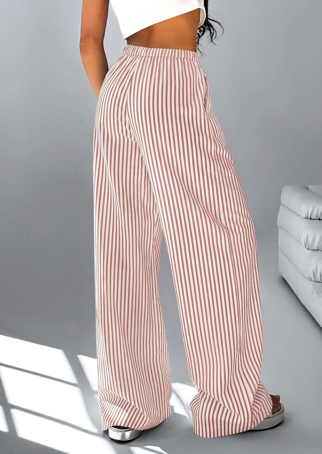 image:imagePRETTYGARDEN Striped Wide Leg Pants Women Loungewear with PocketStriped Brown White