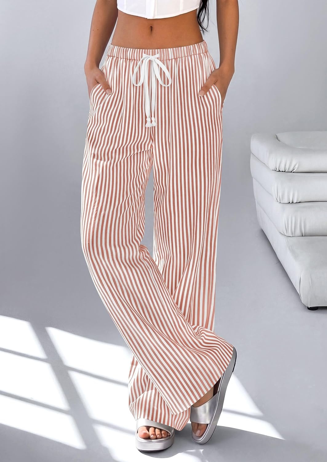 image:imagePRETTYGARDEN Striped Wide Leg Pants Women Loungewear with PocketStriped Brown White