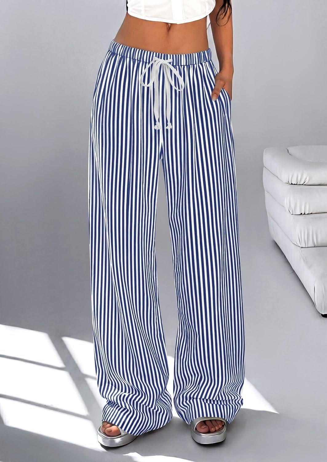 image:imagePRETTYGARDEN Striped Wide Leg Pants Women Loungewear with PocketStriped Dark Blue White