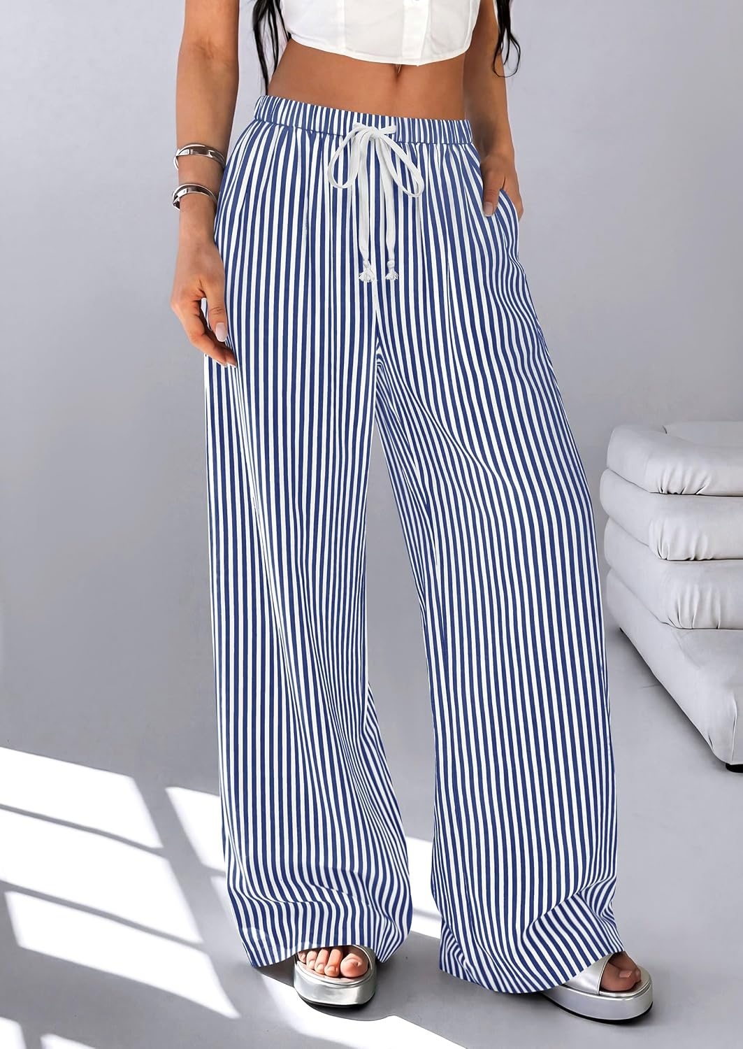 image:imagePRETTYGARDEN Striped Wide Leg Pants Women Loungewear with PocketStriped Dark Blue White
