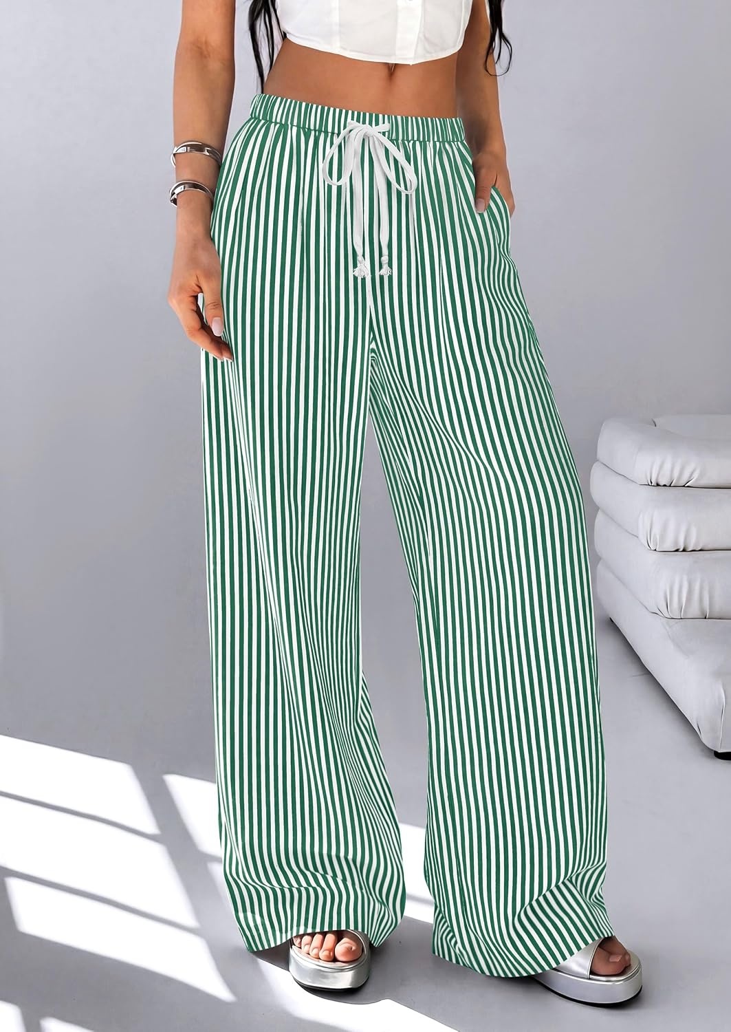 image:imagePRETTYGARDEN Striped Wide Leg Pants Women Loungewear with PocketStriped Green White