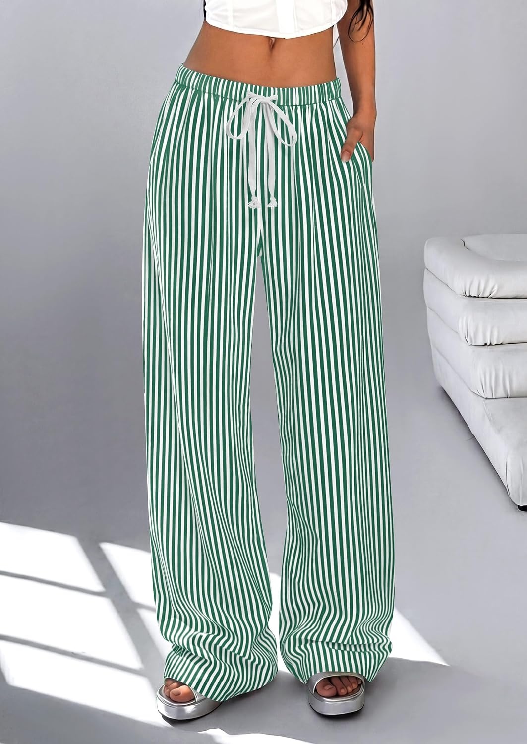 image:imagePRETTYGARDEN Striped Wide Leg Pants Women Loungewear with PocketStriped Green White