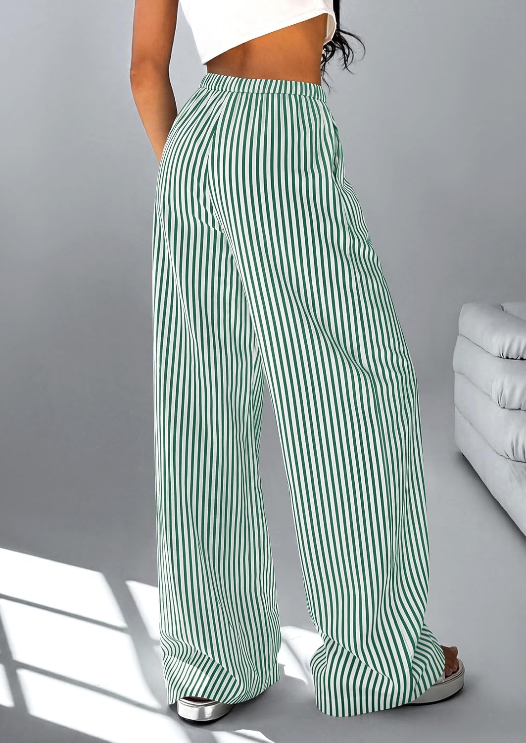 image:imagePRETTYGARDEN Striped Wide Leg Pants Women Loungewear with PocketStriped Green White