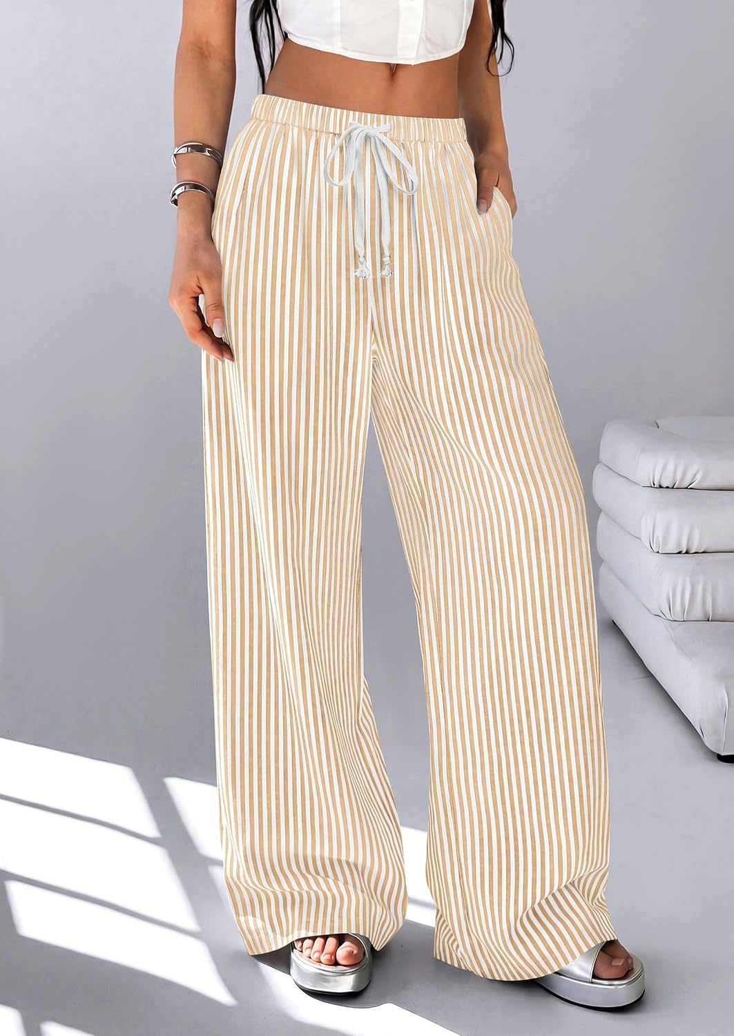 image:imagePRETTYGARDEN Striped Wide Leg Pants Women Loungewear with PocketStriped Khaki White