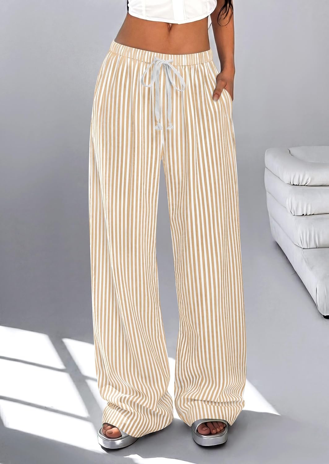 image:imagePRETTYGARDEN Striped Wide Leg Pants Women Loungewear with PocketStriped Khaki White