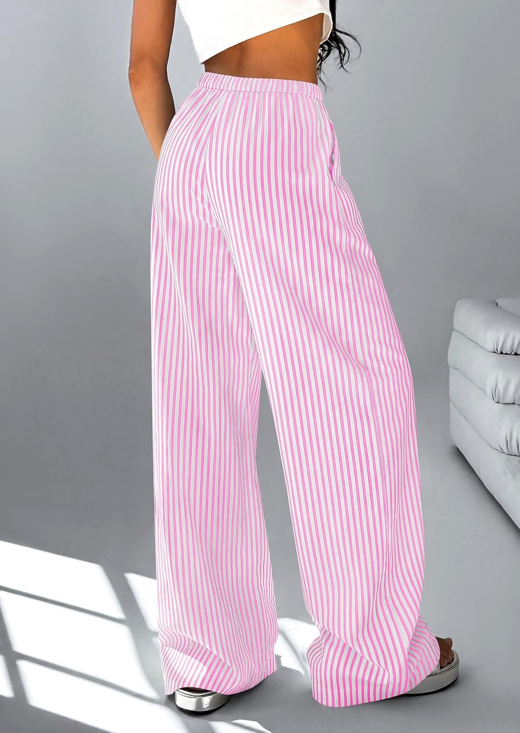 image:imagePRETTYGARDEN Striped Wide Leg Pants Women Loungewear with PocketStriped Pink White