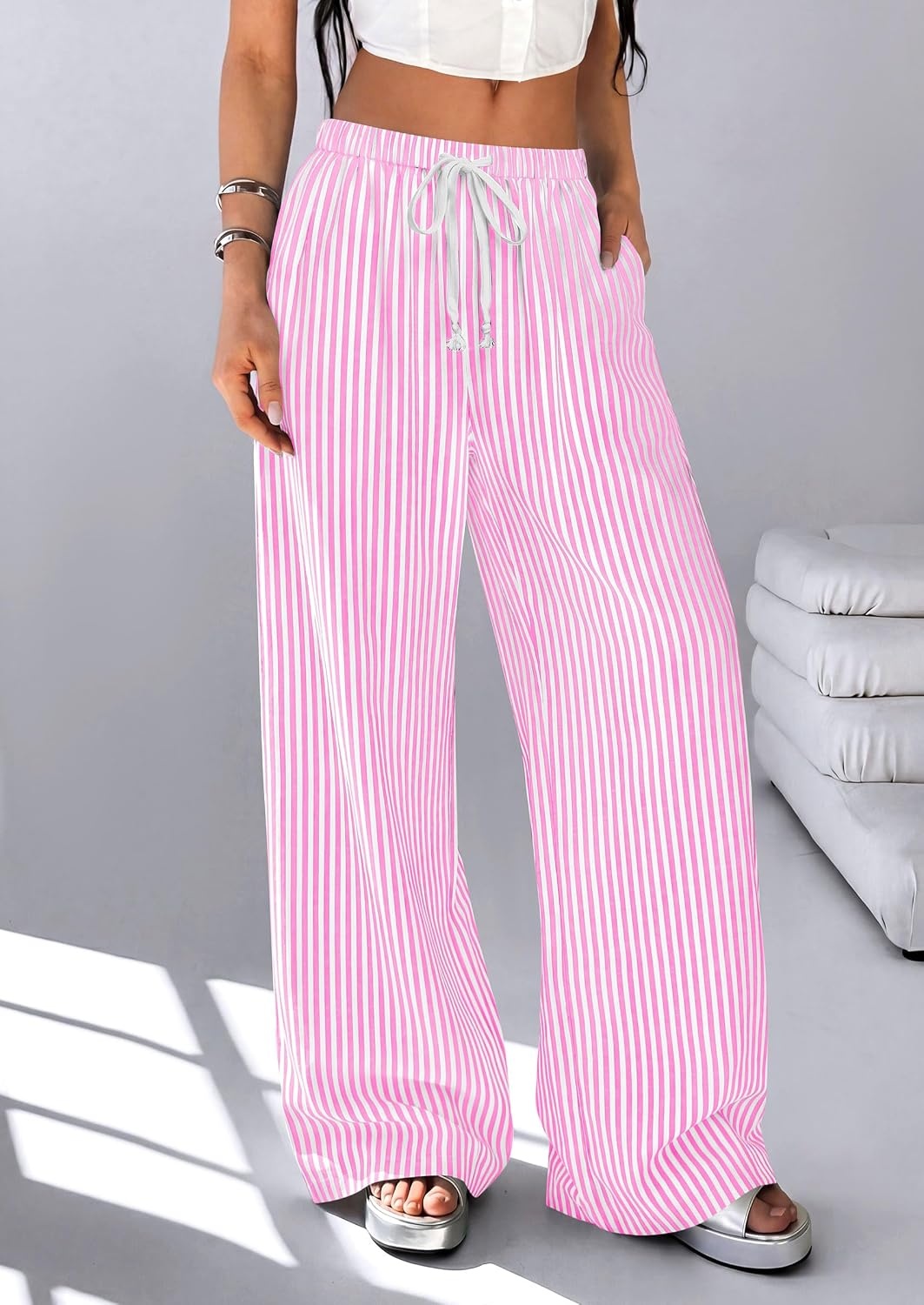 image:imagePRETTYGARDEN Striped Wide Leg Pants Women Loungewear with PocketStriped Pink White